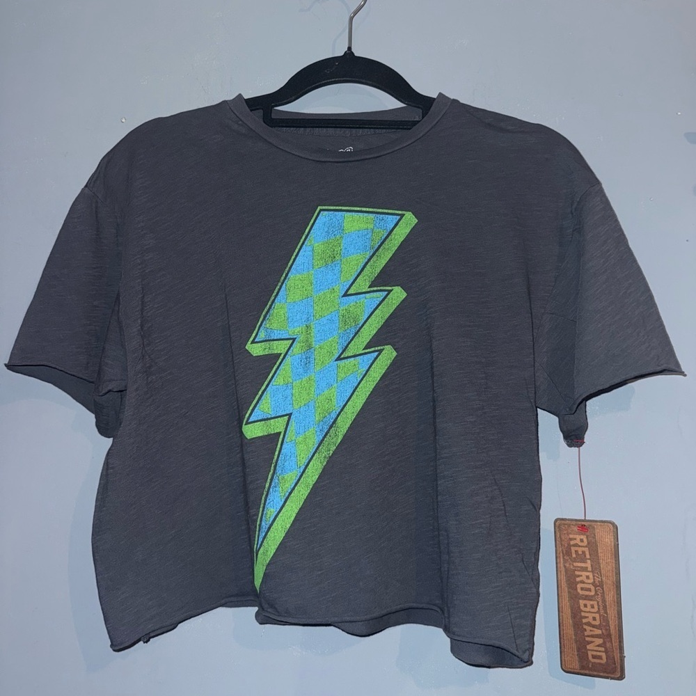 Original Retro Brand Charcoal Crop Top with Blue and Green Lightning